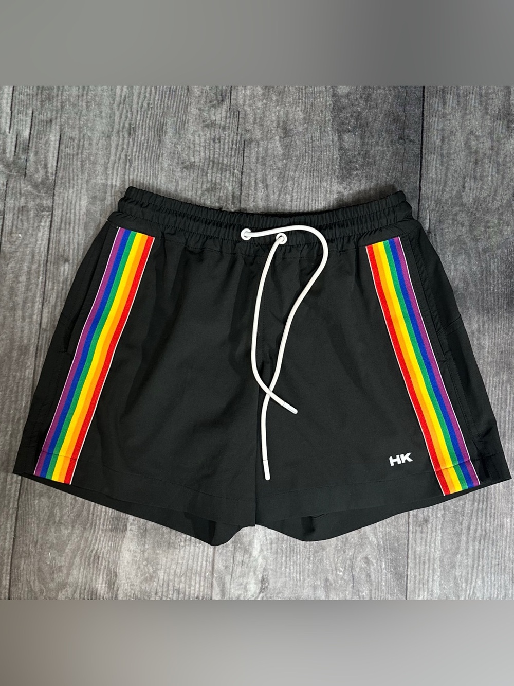 Humankind Board Shorts Black Rainbow Stripes [Q64]